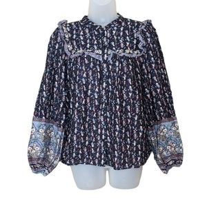 Joie Cottagecore Ruffle Peasant Top Small Navy Blue